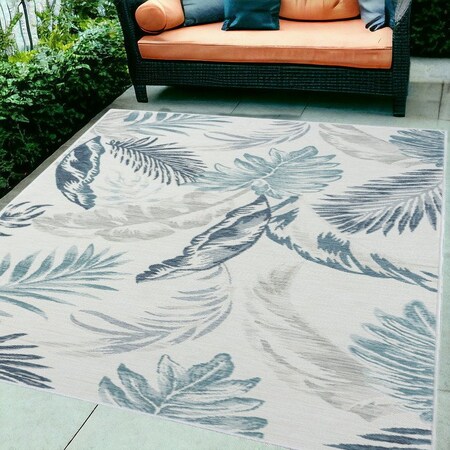 Homeroots 5' X 7' Blue and Serene White Palm Leaf Stain Resistant Indoor Outdoor Area Rug 548908