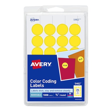 Avery Laser/Inkjet Label, 3/4 in Label W, 3/4 in Label H, 24 Labels per Sheet Yellow 727825462