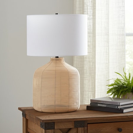 Homeroots 27" Natural Rattan Table Lamp With White Drum Shade 524436