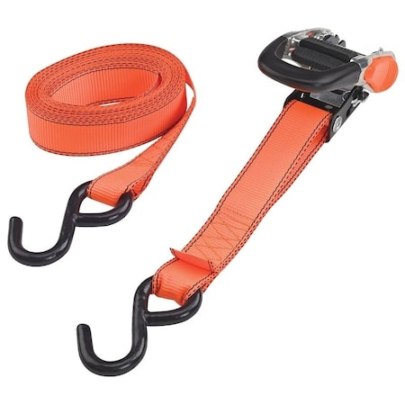 Prosource Tie-Down, 1-1/4 in W, 16 ft L, Polyester Webbing, Metal Ratchet, Orange, 700 lb, S-Hook End Fitting FH4013