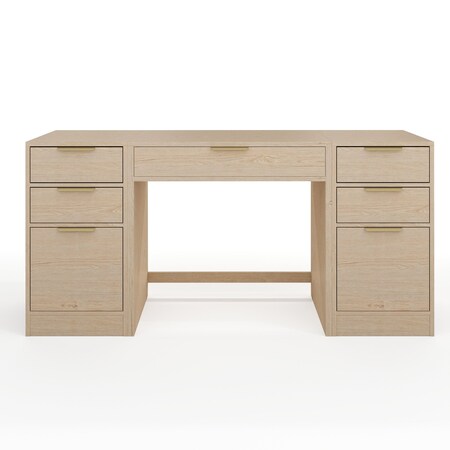 Martha Stewart Kayden Single-Drawer Desk w/Dual 3 Drawer File Cabinets in Light Natural w/Brushed Gold Hardware KHO-23042-TBFC2-LNT-GLD-MS