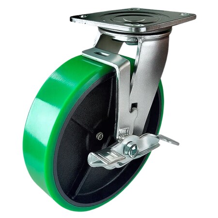 Hyw Products Heavy Duty Caster 8in Green Polyurethane on Cast Iron Wheel, Swivel with Brake 40-80S-A1-PC-TB(G)