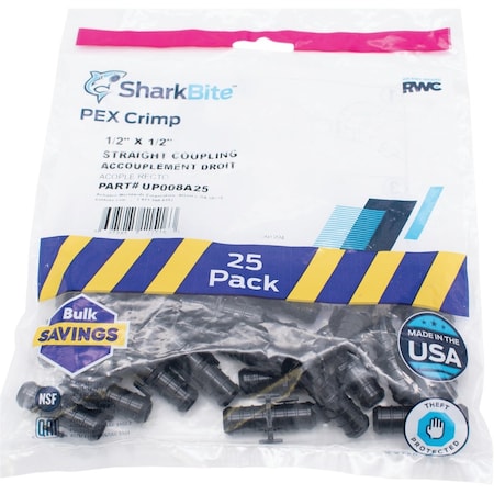 Sharkbite PEX-B 1/2'' Poly Alloy Barb Coupling, 25PK UP008A25