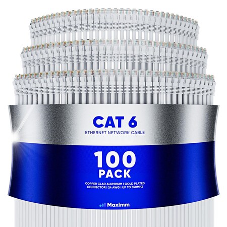 Maximm Cat6 Ethernet Cable 0.6ft 10Gbps 550MHz UTP, 100PK, White, 100PK WH100PK01