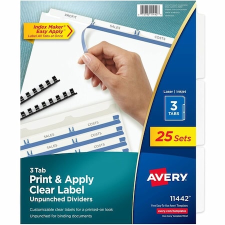 Avery Dennison Avery Index Maker Clear Label Divider, Easy Apply, 8.5"x11", 3 Tabs, 25 Sets, White/White 11442