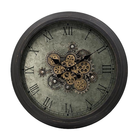 Homeroots 28" Circle Black and Gray Wood and Glass Analog Exposed Gear Wall Clock 485981