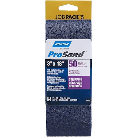 Norton Co Sanding Belt, 3 in W, 18 in L, Zirconia Aluminum Abrasive, 50 Grit, Coarse, 5PK 49259