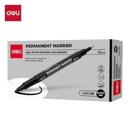 Deli THINK Permanent Marker, Dual Tip (Bullet/Needle), Black, 12PK EU211-BK