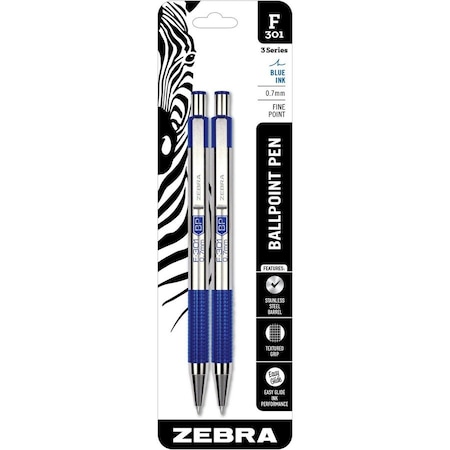 Zebra Pen BCA F301 Stainless Steel Ballpoint Pens, Blue, 2PK ZEB27122