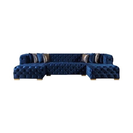 Homeroots Tufted Blue Velvet Modular U Shaped Sofa and Chaise Sectional With Toss Pillows 642271