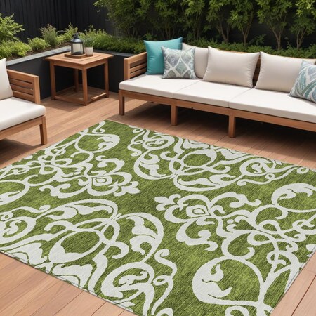 Homeroots 9' X 12' Green And Ivory Damask Washable Indoor Outdoor Area Rug 614429
