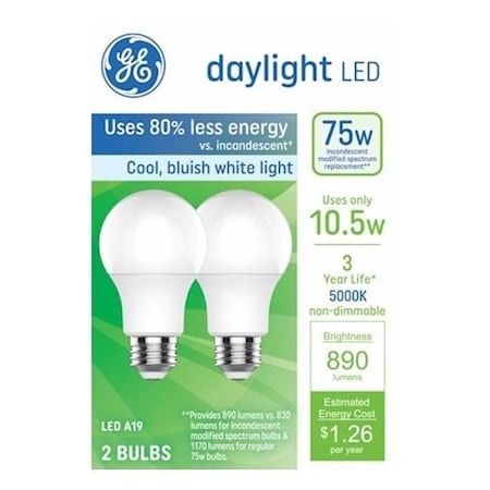 Ge Basic Series Light Bulb, 120 V, 10.5 W, LED Lamp, 890 Lumens, 5000 K Color Temp, 2PK 93131944