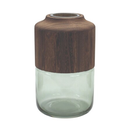 Homeroots 11" Brown And Sage Glass Round Table Vase With Wood 632606