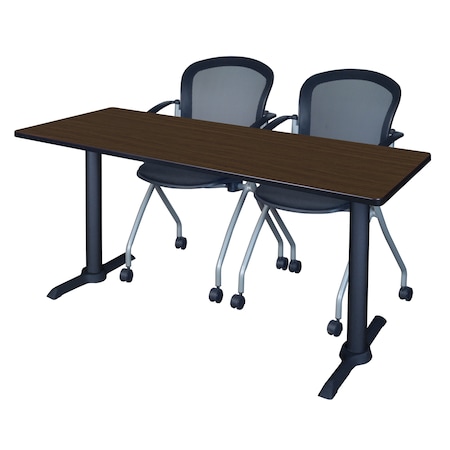 Regency Cain T-Base Training Seminar Table W/ 2 Cadence Stack Chairs, 66 in W, 24 in L, Neo Walnut MTRCT6624NW23BK