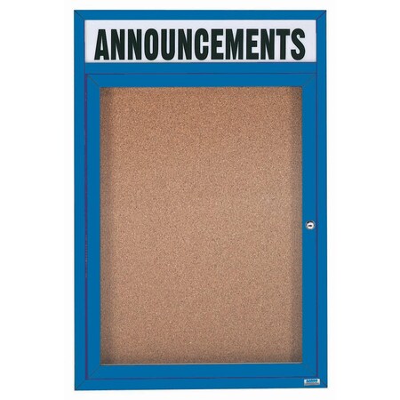 Aarco Enclosed Natural Pebble Grain Cork Bulletin Board w/ Header Blue Powder Coated Al Frame, 48''Hx36''W DCC4836RHB