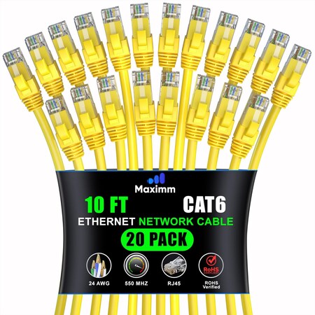 Maximm Cat6 Ethernet Cable 10ft 10Gbps 550MHz UTP, 20PK, Yellow, 20PK CAT6CCA-10YL-20PK
