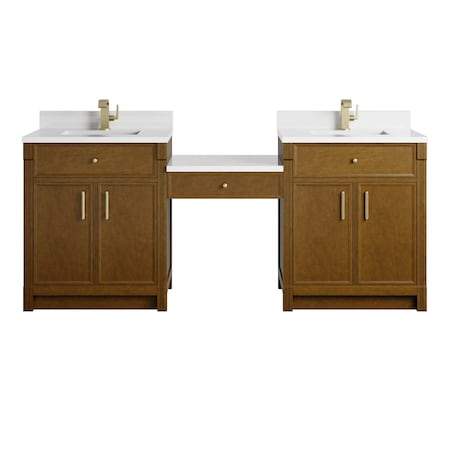 James Martin Vanities Bellshire 84" Dual Vanity Set w/24" Make-Up Counter, Honey Oak w/Sgl Hole 3 cm White Zeus Silestone 660-VMC84-HNO-1WZ