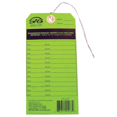 Sas Safety Eyewash Inspection Tag, Use With: 5135 Portable Emergency Eyewash Station 5137