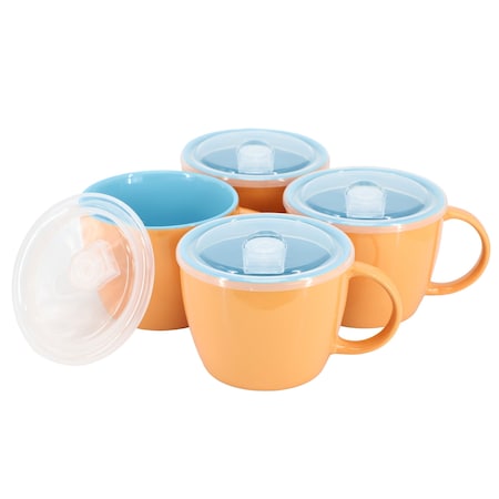 Gibson Home On The Go 4 Piece 25 Ounce Stoneware Soup Cup Set with Lid in Peach 142551.01
