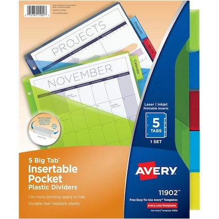 Avery Plastic Pocket Insertable Tab Dividers, Assorted, 5 Tabs/Set 11902