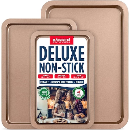 Bakken- Swiss BAKKEN 3-Piece Nonstick Cookie Pan Set, Stackable, Carbon Steel, Oven Safe, 450 DegF, Brown BAKBK3PCBRW