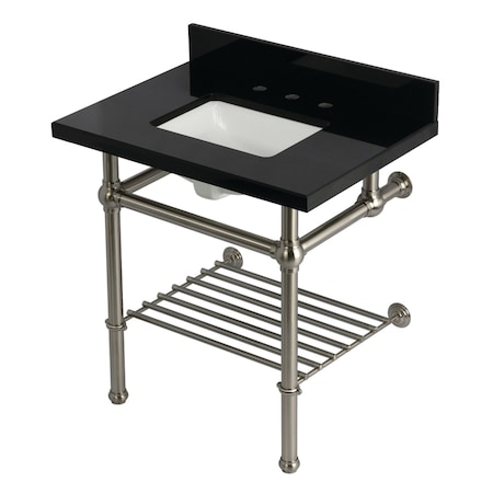 Kingston Brass 30-Inch Black Granite Console Sink with Brass Legs and Shelf, 8-Inch, 3-Hole KVPK3030KBSQB8