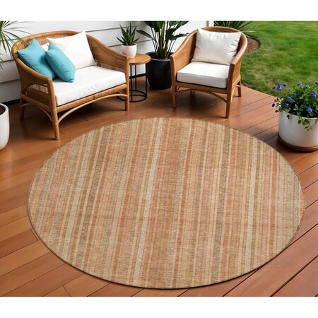 Homeroots 8' Rust Beige And Linen Round Striped Washable Indoor Outdoor Area Rug 616408