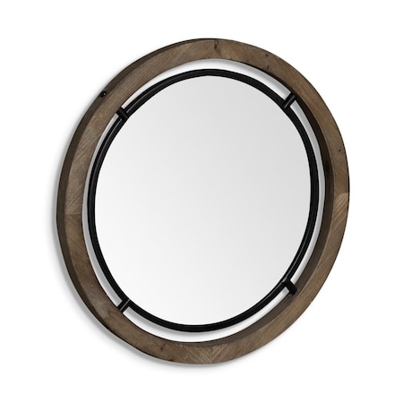 Homeroots 28" Brown Round Wood Framed Accent Mirror 376408