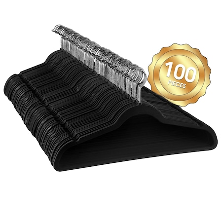 Elama Velvet Slim Profile Heavy Duty Felt Hangers with Stainless Steel Swivel Hooks in Black, 100PK ELH100BLACK