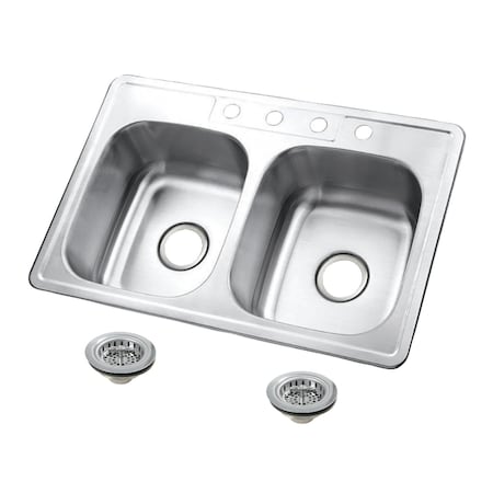 Kingston Brass 33-Inch Stainless Steel Self-Rimming Double Bowl Drop-In Kitchen Sink, 4-Hole with Strainer KGKTD332271