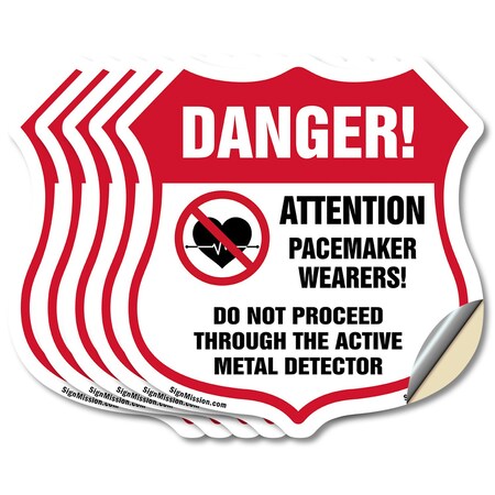 Signmission Pacemaker Wearers Shield Sign Danger! At, 4 inch X 4 inch, Vinyl Decal, 5PK SHI-D-5PACK-4-428