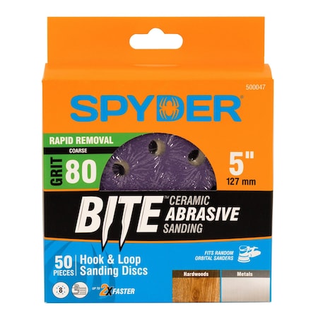 Spyder 5-Inch x 8-Hole 80 Grit Ceramic with Stearate Sanding Discs, 50PK 500047