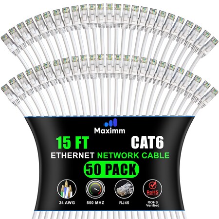Maximm Cat6 Ethernet Cable 15ft 10Gbps 550MHz UTP, 50PK, White, 50PK CAT6CCA-15WH-50PK