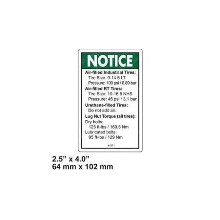 Genie REPLACEMENT DECAL NOTICE TIRE PRESSURE 41971GT