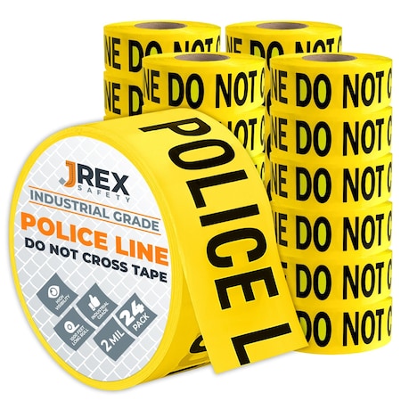 Jrex Safety Police Line Do Not Cross Tape Roll - 1000 Ft x 3 Inch Wide Each - Yellow, 24PK PPLT-JR-24PK
