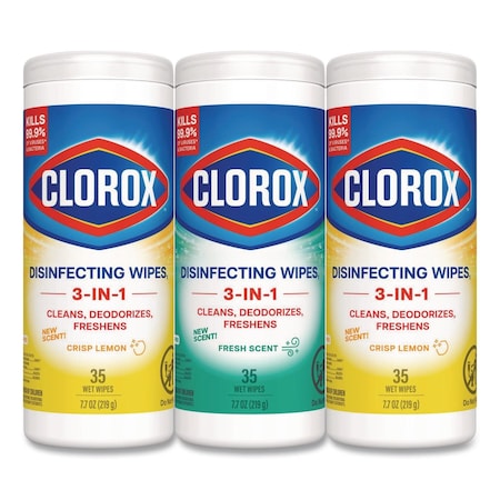 Clorox Disinfecting Wipes, 1-Ply, 7 x 8, (1) Fresh Scent/(2) Crisp Lemon, White, 35 Wipes, 3PK 30112