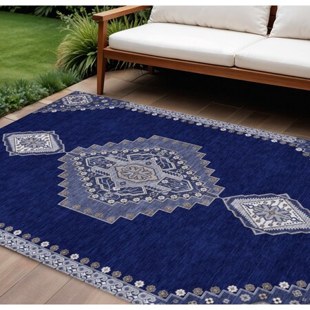 Homeroots 8' X 10' Navy Blue Gray And Brown Oriental Washable Indoor Outdoor Area Rug 598427