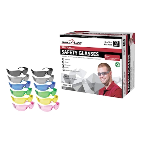 Bison Life Keystone, Safety Glasses, Anti-Scratch, Assorted Lens, Frameless, 12 PK BL-KSSG1-CLCT-ADP-12
