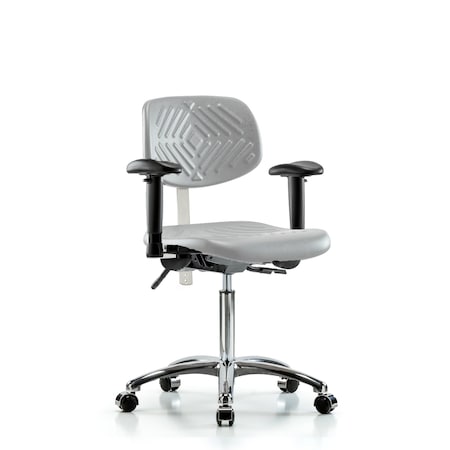Blue Ridge Ergonomics Class 100 Poly Clean Room Chair-Medium Bench Ht with Seat Tilt, Adj Arms, &Casters in Gray Poly NCR-PMBCH-CR-T1-A1-NF-CC-GRY