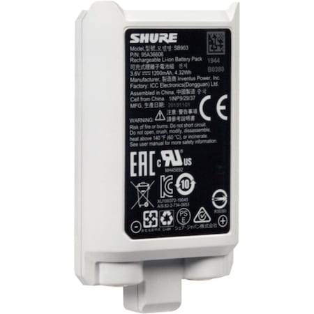 Shure Lithium-Ion Battery (3.6 V/1200 mAh), battery life: up to 8 hours for SLXD1 and SLXD2 SB903