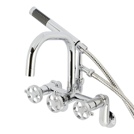 Kingston Brass Three-Handle 2-Hole Adjustable Wall Mount Clawfoot Tub Faucet with Knurled Handle and Hand Shower AE8451RKX