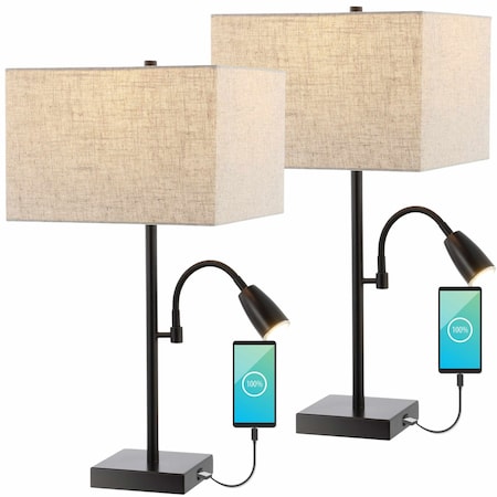 Jonathan Y Austin 25.5" 2-Light Farmhouse Industrial Iron LED Table Lamp w/USB Charging Port and Adjustabl, 2PK JYL1112A-SET2