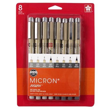 Sakura Pigma Micron Pens, Grays, Assorted Sizes, 8-Piece Set, Blister Card 50167