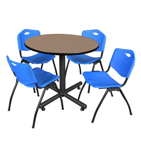 Regency Round Kobe Breakroom Table W/ 4 M Stack Chairs, 36 in W, 36 in L, Noble Oak TKB36RNDNO47BE