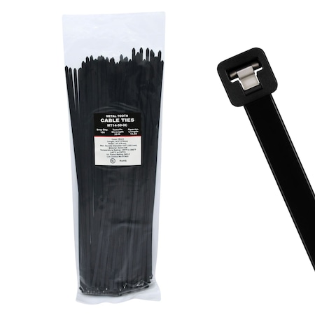Cable Ties Unlimited Metal Tooth Cable Tie, 14 in L, 50 lb Strength, 4 in Max Bundle Dia, Nylon, UV-Rated, Black, 100PK MT14-50-0C