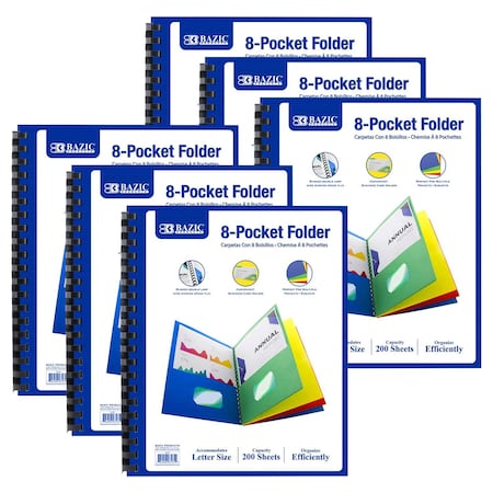 Bazic Products Eight-Pocket Folder, Assorted Colors, 6PK 3161