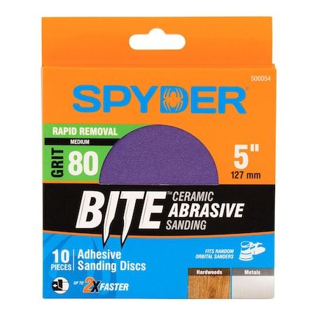 Spyder 5-Inch x No Hole 80 Grit Ceramic Pressure Sensitive Adhesive with Stearate Sanding Discs, 10PK 500054