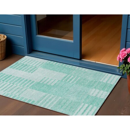 Homeroots 3' X 5' Teal Blue Aqua And Ivory Striped Washable Indoor Outdoor Area Rug 581677