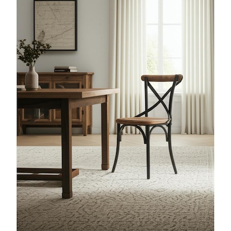 Homeroots Light Brown and Black Solid Wood And Iron Cross Back Dining Side Chair 605679