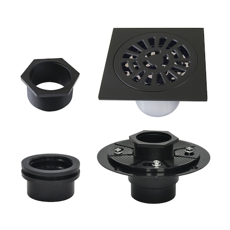 Kingston Brass 4" Brass Square Grid Shower Drain with Flange, Matte Black BSFK4267MB